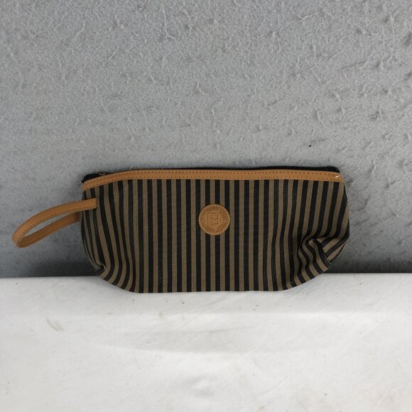 Vintage Fendi Roma Italy 1925 Striped Cosmetic Clutch Bag Leather Trim - Picture 1 of 16